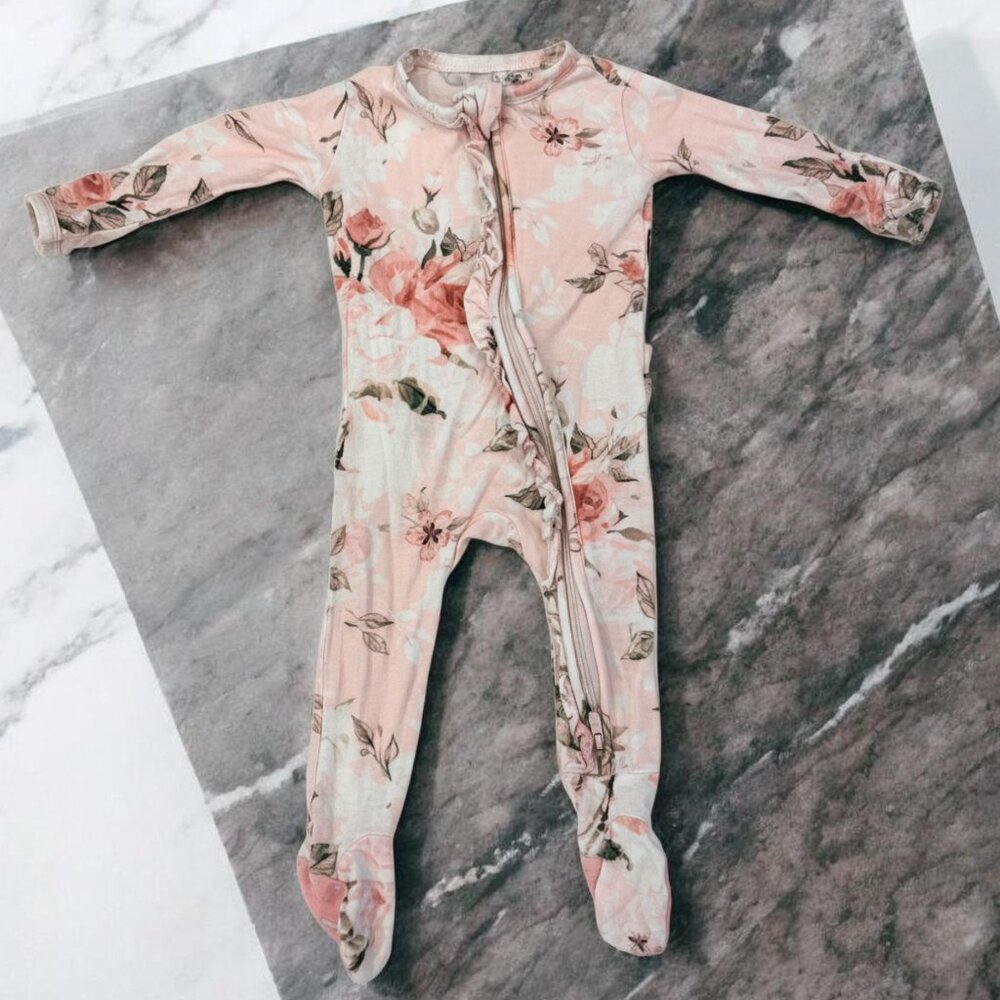 Posh Peanut 0-3 Months Vintage Pink Rose Ruffled Zippered One Piece Footie